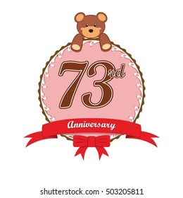 cute pink circle with teddy bear doll and red ribbon 73rd anniversary design for baby, kids, toys shop, dolls shop, business, and event