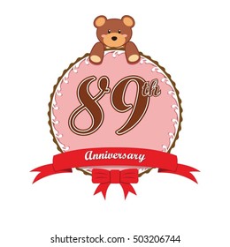 cute pink circle with teddy bear doll and red ribbon 89th anniversary design for baby, kids, toys shop, dolls shop, business, and event