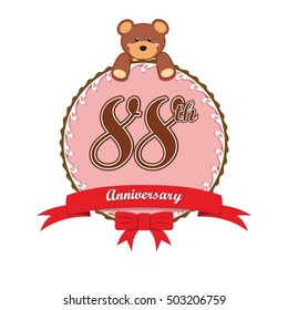 cute pink circle with teddy bear doll and red ribbon 88th anniversary design for baby, kids, toys shop, dolls shop, business, and event