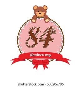 cute pink circle with teddy bear doll and red ribbon 84th anniversary design for baby, kids, toys shop, dolls shop, business, and event