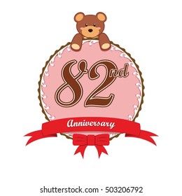 cute pink circle with teddy bear doll and red ribbon 82nd anniversary design for baby, kids, toys shop, dolls shop, business, and event