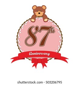 cute pink circle with teddy bear doll and red ribbon 87th anniversary design for baby, kids, toys shop, dolls shop, business, and event