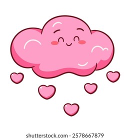 Cute pink cloud with love rain cartoon character. Valentines day concept design. Kawaii object vector illustration
