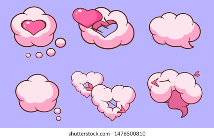 Cute Pink Clouds and Hearts with Arrow Set, Saint Valentines Day Design Elements, Romantic Stickers Vector Illustration