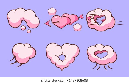 Cute Pink Clouds and Hearts with Arrow Set, Saint Valentines Day Romantic Design Elements Vector Illustration