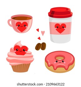 Cute pink coffee and sweets for Valentine's day. Flat vector cartoon design