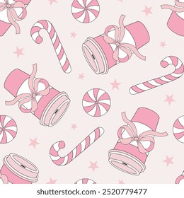 Cute pink coffee Xmas peppermint candy vector seamless pattern. Coquette Christmas background.