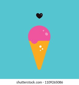 Cute pink color strawberry blueberry raspberry fruit ice cream cone and heart on blue background colorful banner Vector illustration