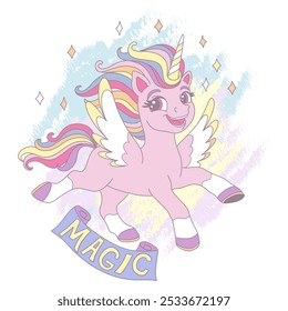 Cute pink color unicorn with wings. Vector illustration of a mythical animal in cartoon style. Magic lettering. For print, cards, invitation, sublimation, t shirt and clothes design