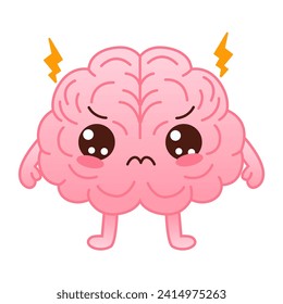 Cute pink colored brain character is angry and lightning on a white background. Flat style cartoon brain character design. Vector mascot illustration human organ icon design