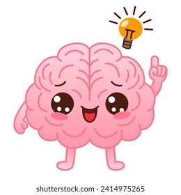 Cute pink colored brain character and light bulb on a white background. Flat style cartoon brain character design. Vector mascot illustration human organ icon design