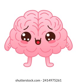 Cute pink colored happy brain character on a white background. Flat style cartoon brain character design. Vector mascot illustration human organ icon design