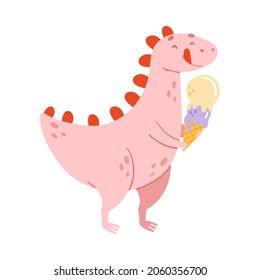 Cute pink comic dinosaur eating ice cream. Kids t-shirt print, books, stickers, posters design vector illustration