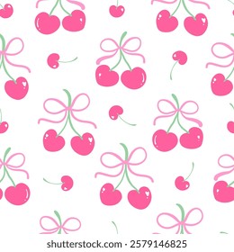 Cute pink coquette cherry heart seamless pattern Trendy girly Valentine background