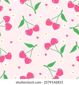 Cute pink coquette cherry heart valentine seamless pattern Trendy girly background