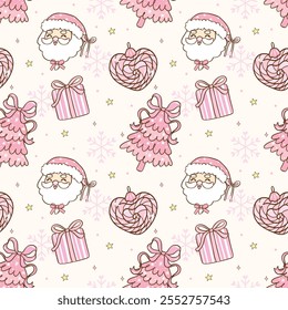 Cute Pink Coquette Christmas seamless pattern doodle hand drawn isolated on background