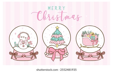 Cute Pink Coquette Christmas Snow Globe with Festive Pine Tree, Snowman And Gift Boxes Cartoon hand drawn, idea for Greeting Card or Banner.