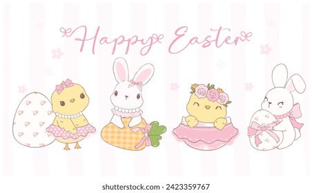 Cute Pink Coquette Easter bunnies and Chicks with Easter eggs Cartoon banner, sweet Retro Happy Easter spring animal Hand Drawing.