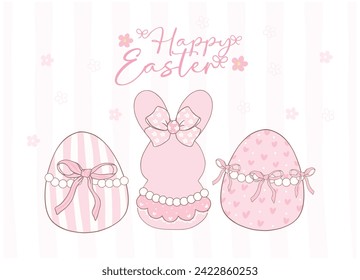 Cute Pink Coquette Easter bunny and eggs Cartoon banner, sweet Retro Happy Easter spring animal Hand Drawing.