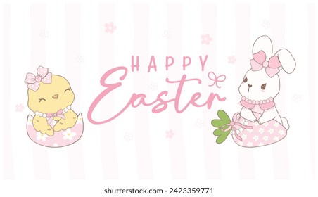 Cute Pink Coquette Easter bunny and Chick with Easter eggs Cartoon banner, sweet Retro Happy Easter spring animal.