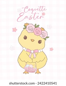 Cute Pink Coquette Easter Chick with easter egg basket Cartoon, sweet Retro Happy Easter spring animal Hand Drawing.
