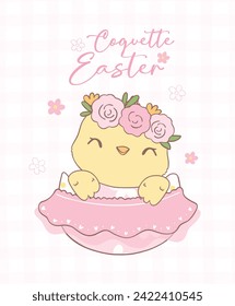 Cute Pink Coquette Easter Chick in broken egg Cartoon, sweet Retro Happy Easter spring animal Hand Drawing.