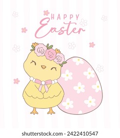 Cute Pink Coquette Easter Chick easter egg Cartoon, sweet Retro Happy Easter spring animal Hand Drawing.