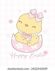 Cute Pink Coquette Easter Chick in broken egg Cartoon, sweet Retro Happy Easter spring animal Hand Drawing.
