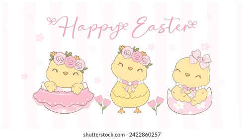 Cute Pink Coquette Oster, Gruppe von Osterchicks Cartoon-Banner, süße Retro Happy Osterquelle Tier Handgezeichnet.