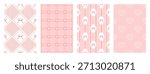 Cute pink coquette seamless pattern set. Girly wrapping paper for birthday, Valentine and holidays. Texture with heart, bow and ribbon elements. Checkered and striped backgrounds. Vector illustration