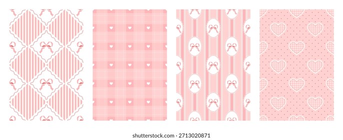 Cute pink coquette seamless pattern set. Girly wrapping paper for birthday, Valentine and holidays. Texture with heart, bow and ribbon elements. Checkered and striped backgrounds. Vector illustration