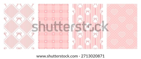 Cute pink coquette seamless pattern set. Girly wrapping paper for birthday, Valentine and holidays. Texture with heart, bow and ribbon elements. Checkered and striped backgrounds. Vector illustration