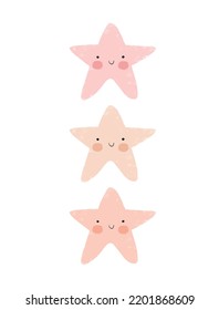 Cute Pink, Coral and Beige Stars on a White Background. Kawaii Style Vector Illustration with Hand Drawn Smiling Little Stars. Nursery Art Set ideal for Poster, Card, Wall Art, Kids' Room Decoration.