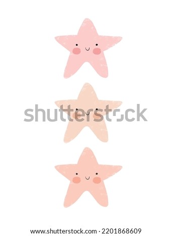 Cute Pink, Coral and Beige Stars on a White Background. Kawaii Style Vector Illustration with Hand Drawn Smiling Little Stars. Nursery Art Set ideal for Poster, Card, Wall Art, Kids