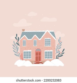 cute pink cottage, countryside house decorated with floral elements for cards, posters, prints, invitations, templates, etc. EPS 10