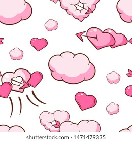 Cute Pink Couds and Hearts Seamless Pattern, Valentines Day, Romantic Date Design Element Can Be Used for Wallpaper, Packaging, Background Vector Illustration