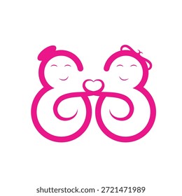 Lindo Logo De Pareja Rosa De Dos Figuras Sonrientes Que Se Conectan Con El Vínculo Del Corazón.