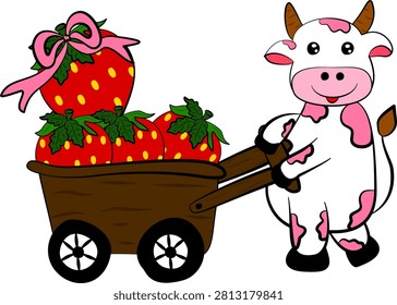 Cute pink cow pulling a strawberry cart vector