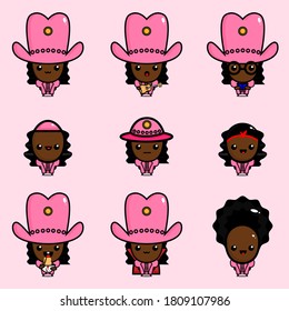 Cute Pink Cowboy Pack With Pink Hat And Wavy Black Hair Isolated On Pink 