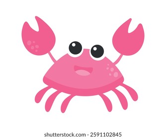 Cute pink crab with funny eyes and claws. Sea creature with pincers isolated on white background. Childish colored flat cartoon vector illustration of funny smiling lobster. Cartoon sea animal.