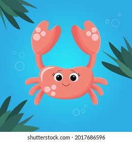 Cute pink crab on a blue background with bubbles and algae