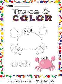 Cute pink crab vector illustration. Trace line and color page game for kids. Preschool or kindergarten tracing worksheet with dashed lines for practicing fine motor skills.Handwriting practice sheet