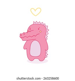 cute pink crocodile girl and heart. vector illustration.