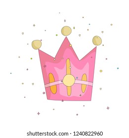 Cute pink crown with gems cartoon icon. Fun cartoon crown with decoration elements on background. Pink diadem for princess and queens on white background.