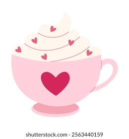 A cute pink cup with a heart drawn on it and a swirl of whipped cream around it. The heart is placed in the center of the cup, and the whipped cream is spread out around it