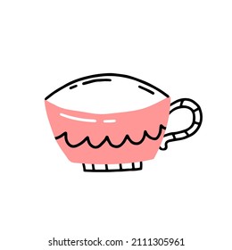 Cute pink cup with lines in a simple doodle style. Vector illustration isolated on a white background.