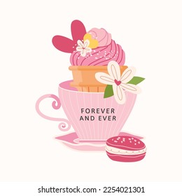 Cute taza rosa con dulces, corazón, flor, macarón y para siempre y siempre texto aislado en fondo blanco. Feliz tarjeta de San Valentín Vector, romántica ilustración plana