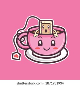 Cute pink cup and tea character cartoon illustration flat design