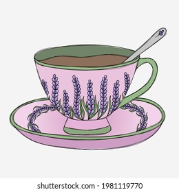 Cute pink cup of tea with lavender sprigs