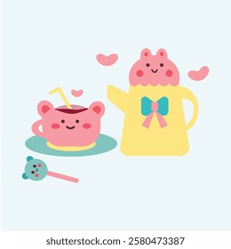 Cute pink cup and teapot character perfect for valentine 